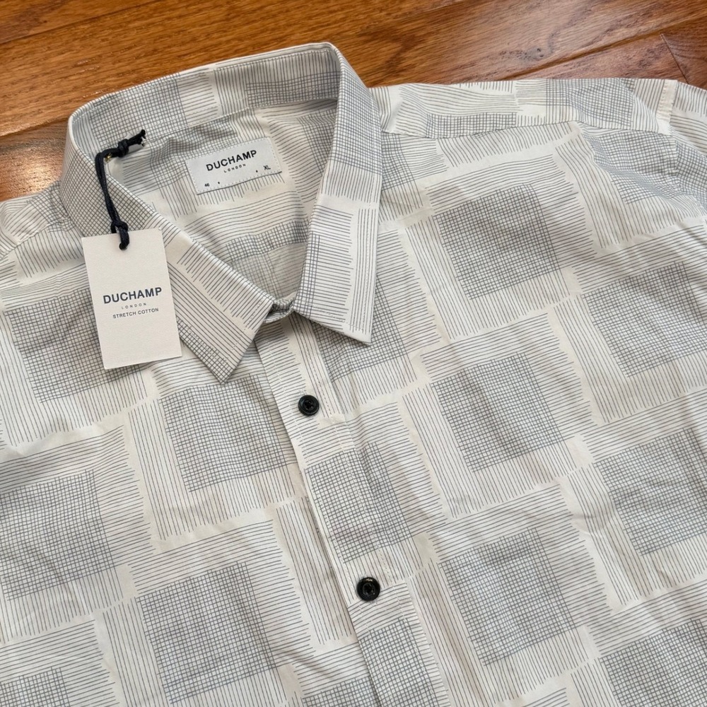 New Dunchamp London Button-Down Shirt Mens XL White Geometric Stretch Cotton